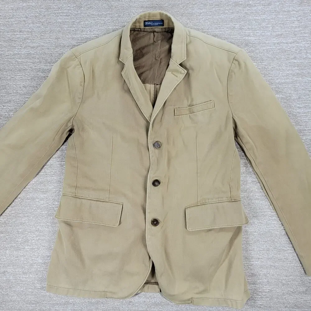 Vintage Polo Ralph Lauren 3 Button Blazer Jacket Mens 42R Khaki Tan Cotton Twill - Picture 12 of 16